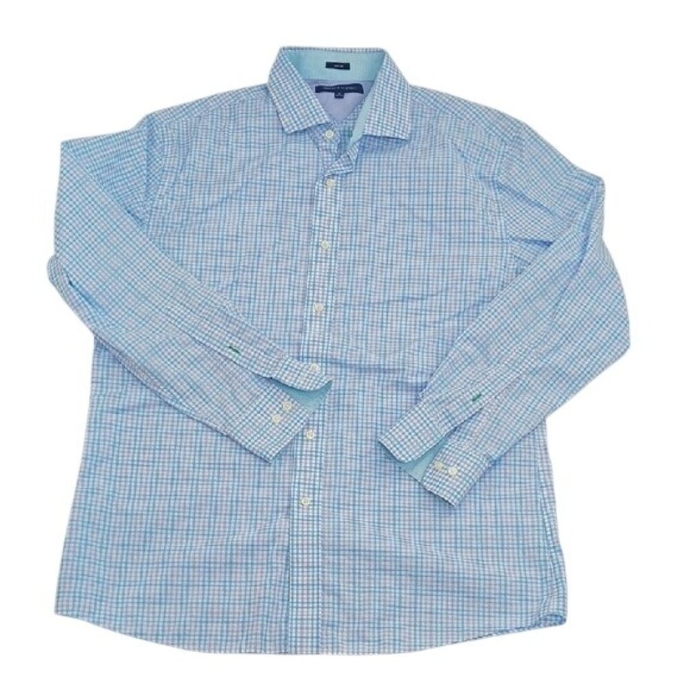 Tommy Hilfiger Button Down Shirt Blue Plaid Long Sleeve Slim Fit Mens Size 16
